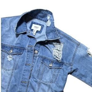 Forever 21 Denim Jacket Womens Small Blue Distressed Oversized Pockets Casual